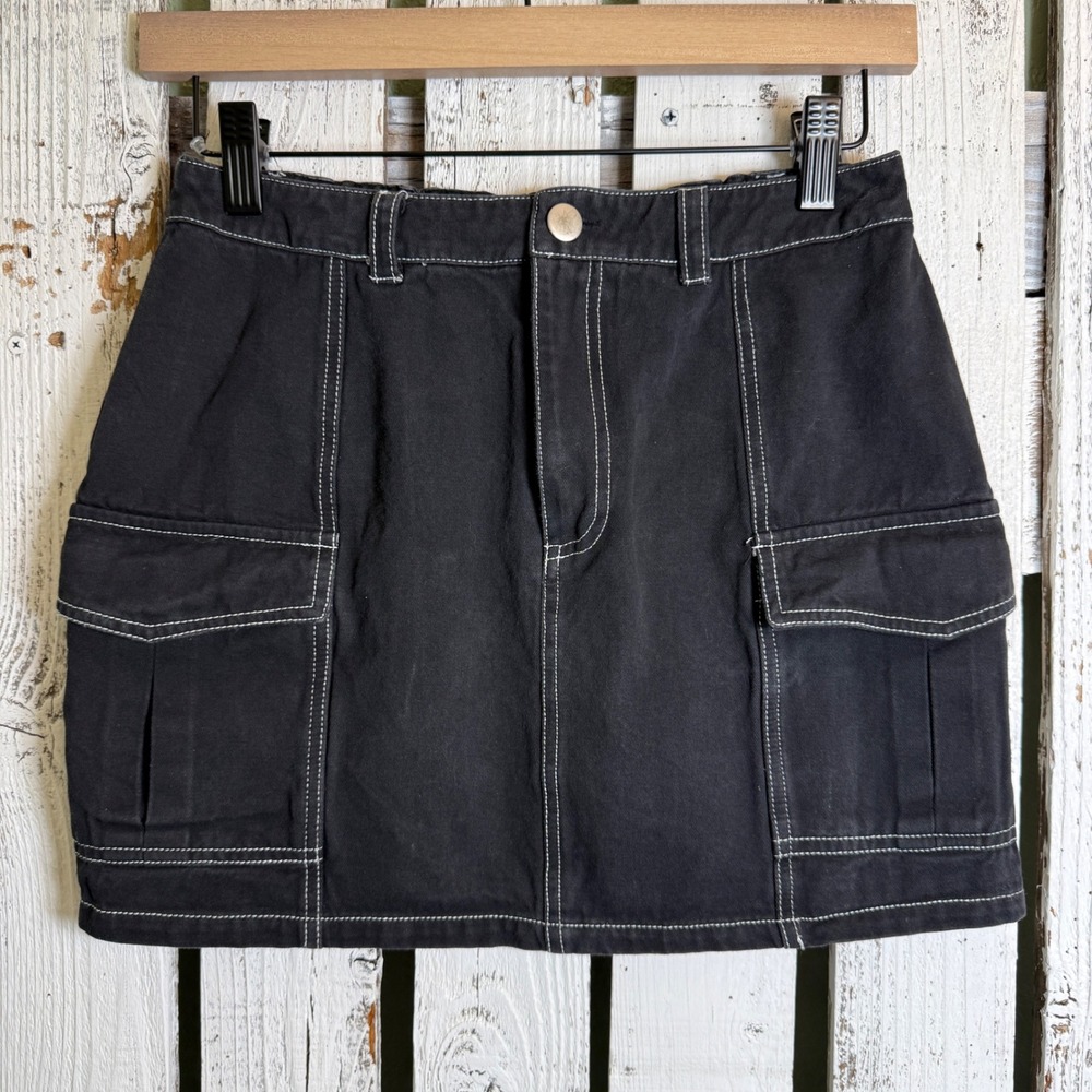 Full Tilt Black Fade Cargo Mini Skirt Small White Stitch Grunge Skater Y2K Vibes